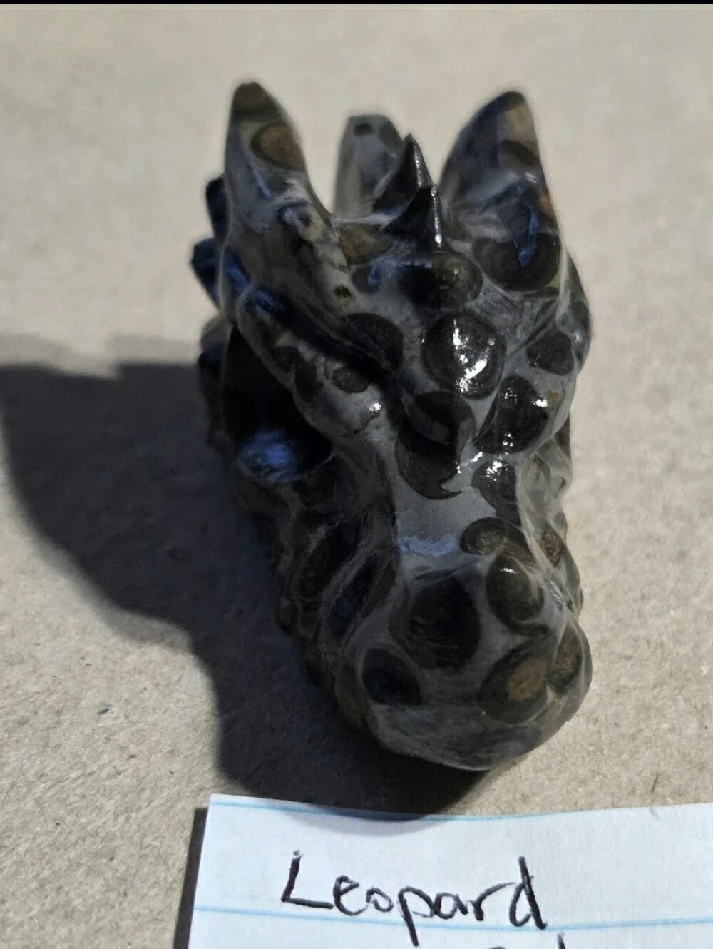 Detailed Leopard Skin Jasper Crystal Carved Dragon Head Stone Sculpture Decor
